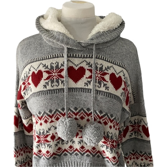 Kaisely Sweaters - Kaisley grey, white and red sweater, small, with hood & Pom Poms. Adorable.(NWT)